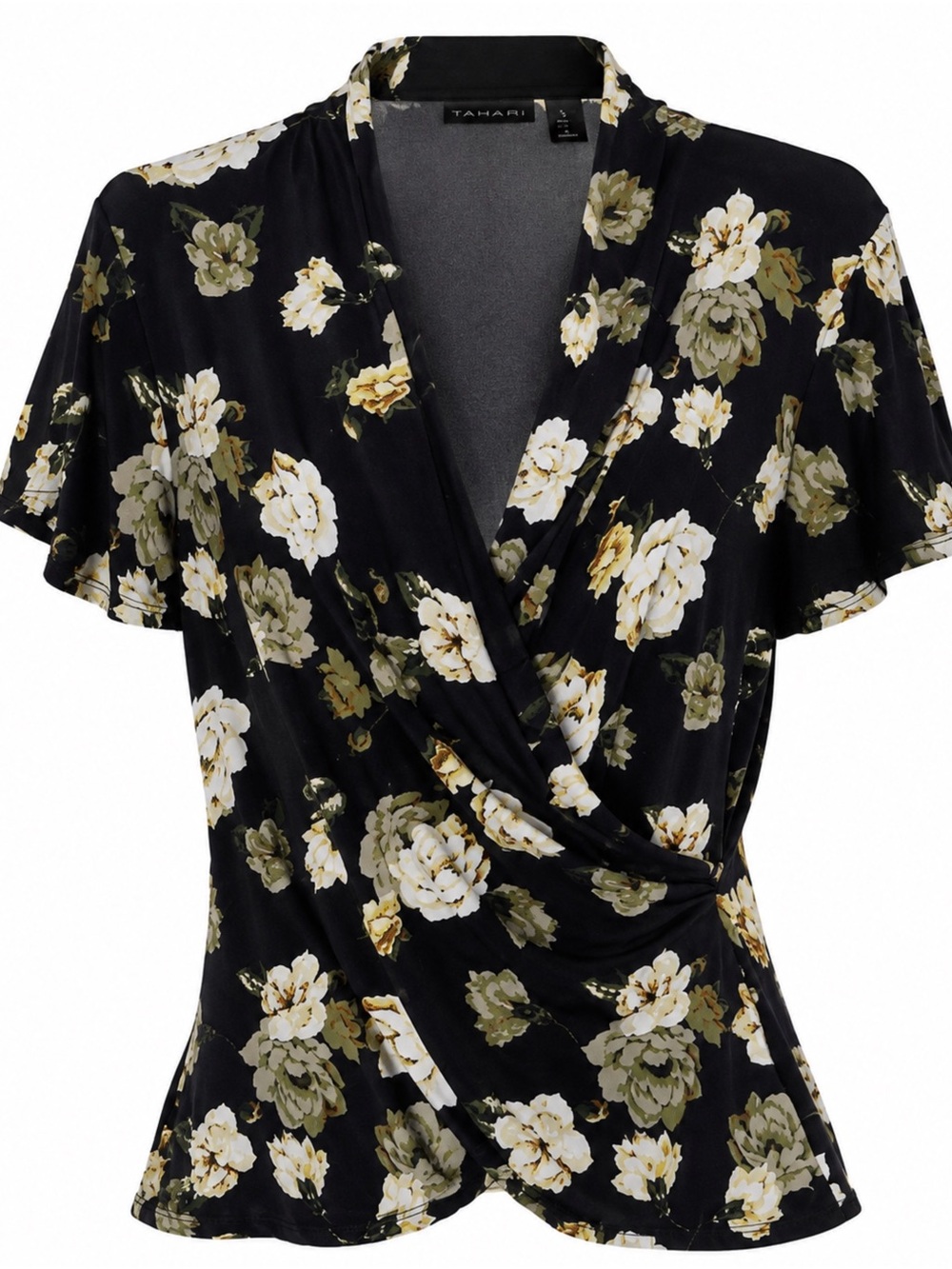 Tahari Black Floral Wrap-Front Blouse with Cream & Olive Blooms